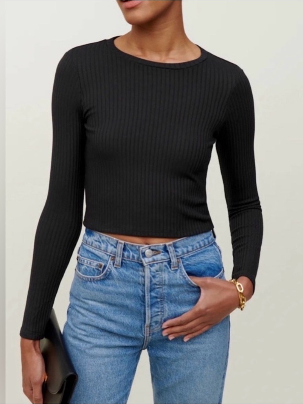 Reformation Jackie black ribbed long sleeve top